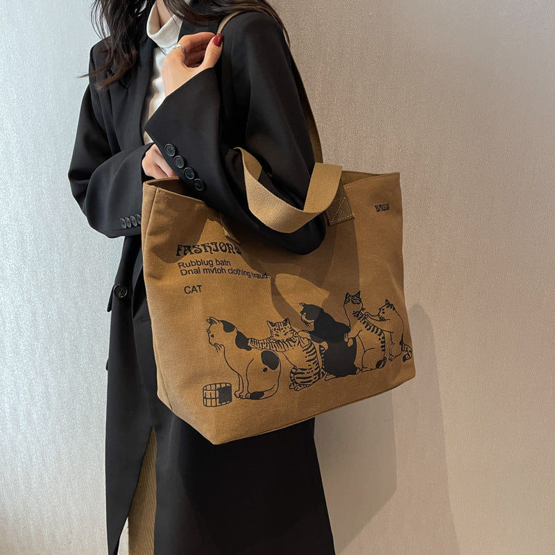 Cute Cartoon Cat Printed Canvas Bag Large Capacity Fashion Shopping Shoulder Bag Student Campus Handbag