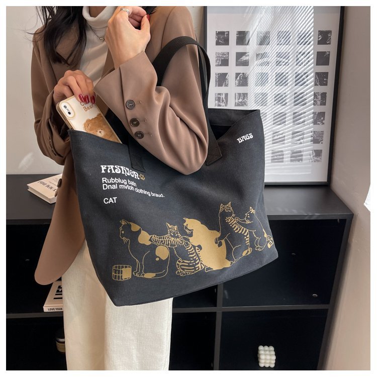 Cute Cartoon Cat Printed Canvas Bag Large Capacity Fashion Shopping Shoulder Bag Student Campus Handbag